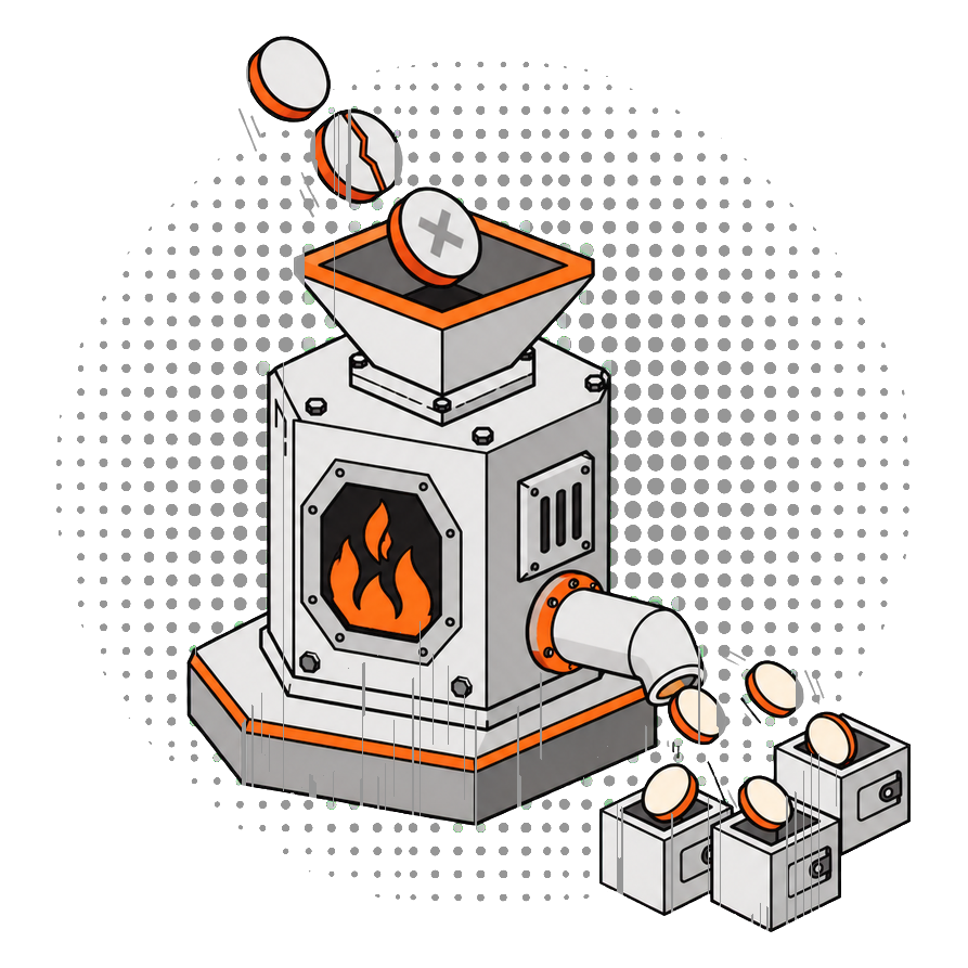 Dead token coins drop into a furnace and SOL coins come out into wallets